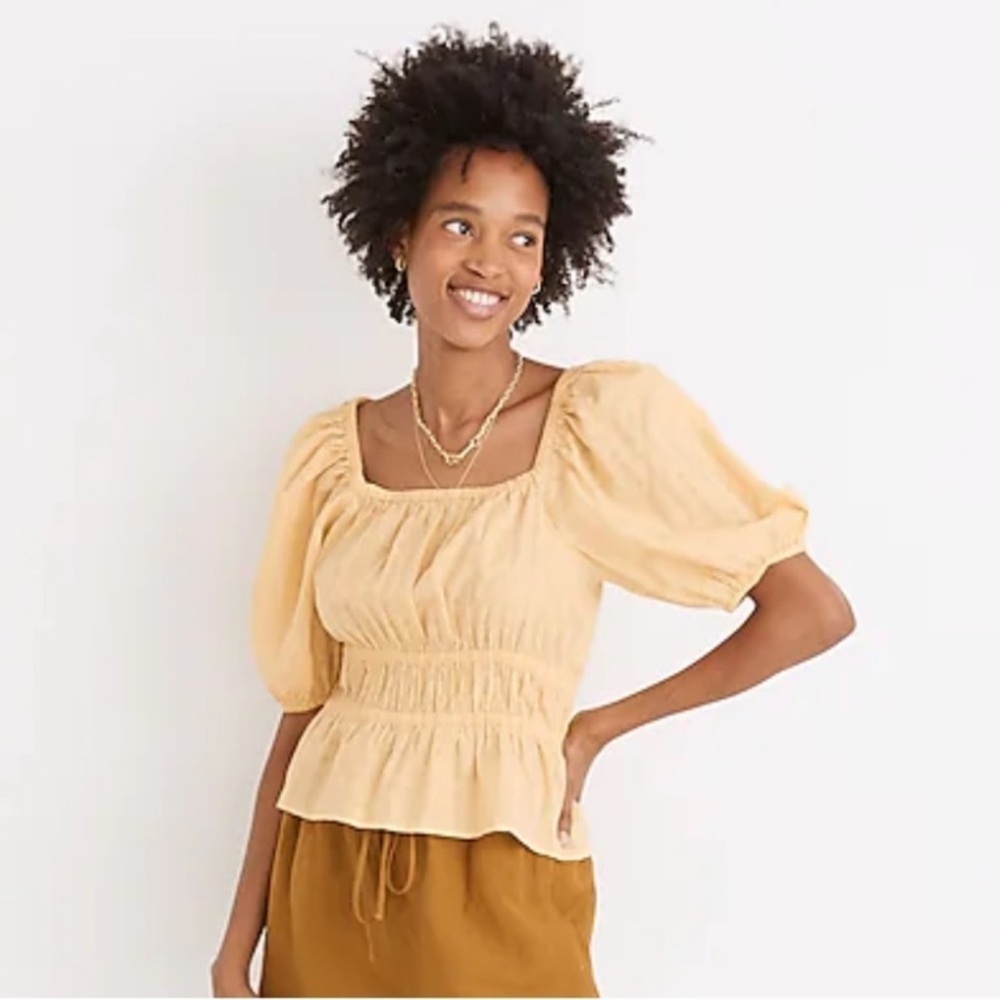 Madewell Gold Smocked Puff Sleeve Top